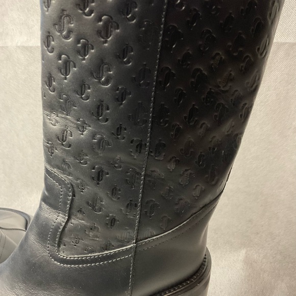 Jimmy Choo Monogram Embossed Leather Wedge Boots- Black- Barely Worn- Size 37.5 - Picture 5 of 14